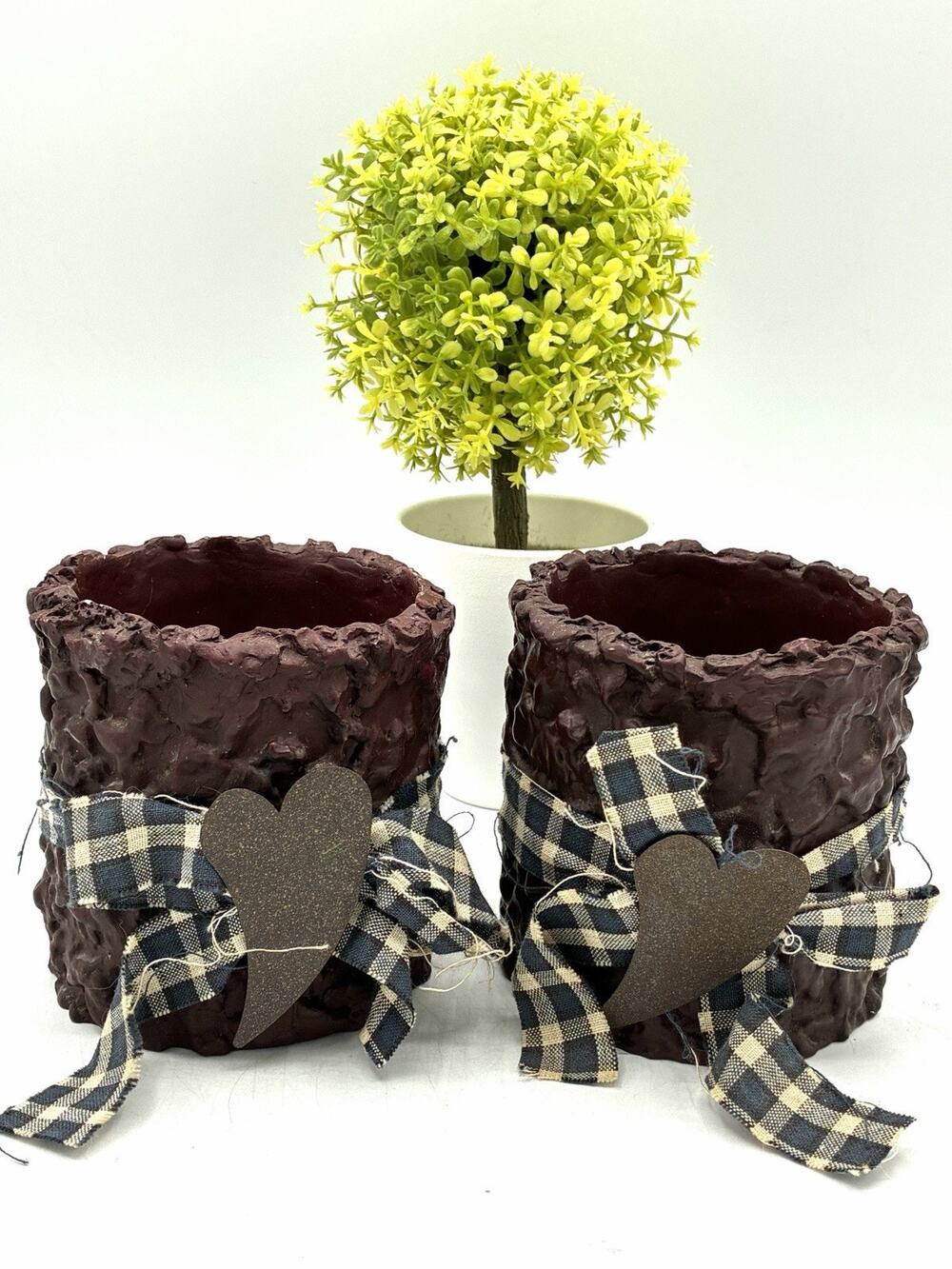 Tender Heart Treasures Set 2 Primitive Candle Holders Plaid Bow Heart 1999 4"